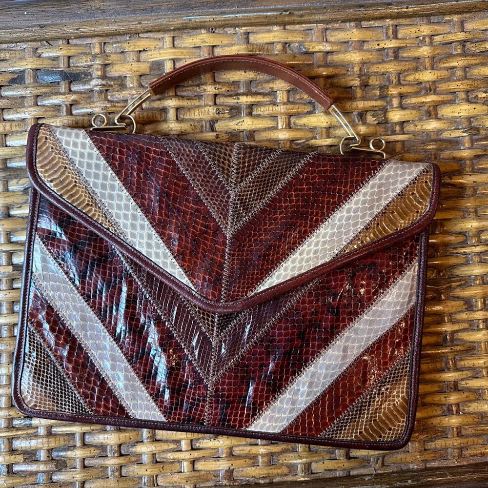 Vintage Snake Skin Envelope Clutch w Handle and Gold Accents